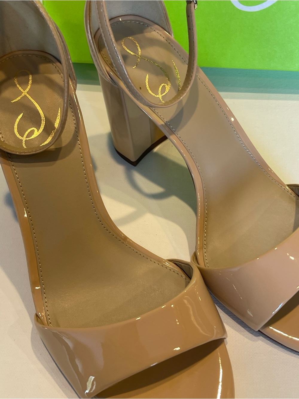 NIB SAM EDELMAN BEIGE BLUSH PATENT BLOCK HEEL SANDAL WOMENS SIZE 9.5 WIDE - Picture 4 of 9